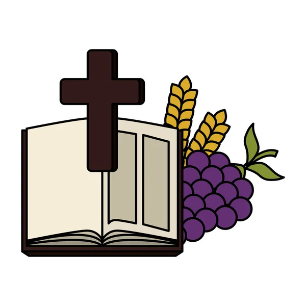 Bíblia sagrada com cruz e uvas — Vetor de Stock