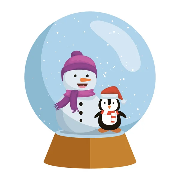 Penguin with santa claus hat in snow sphere — Stock Vector