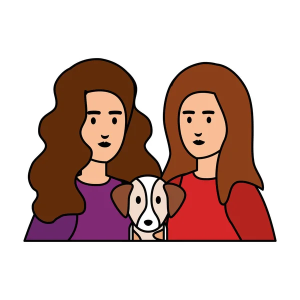 Paar meisjes met hond avatars tekens — Stockvector