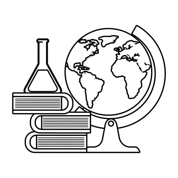 Teste de tubo com livros de pilhas e planeta mundial —  Vetores de Stock