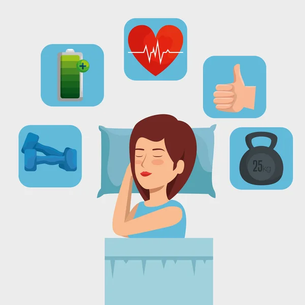 Kvinde sover med hjerteslag og håndvægte med batteri – Stock-vektor
