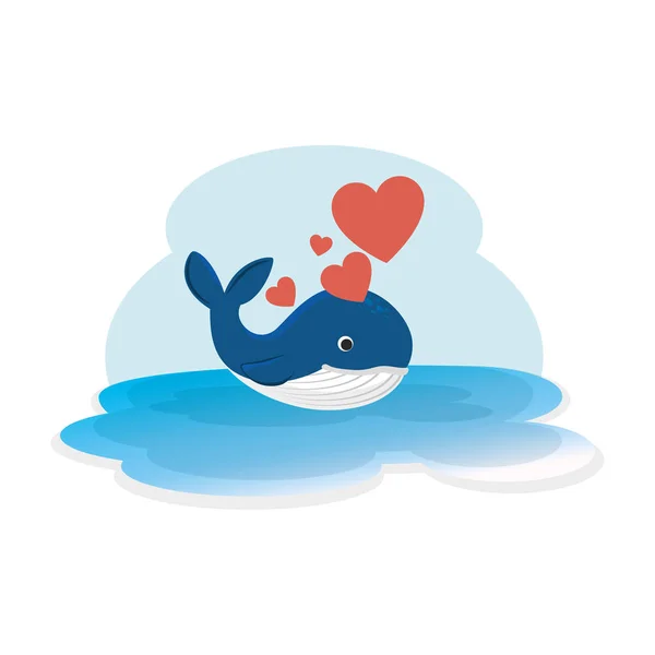 Ballena linda con corazones en el carácter del océano — Vector de stock