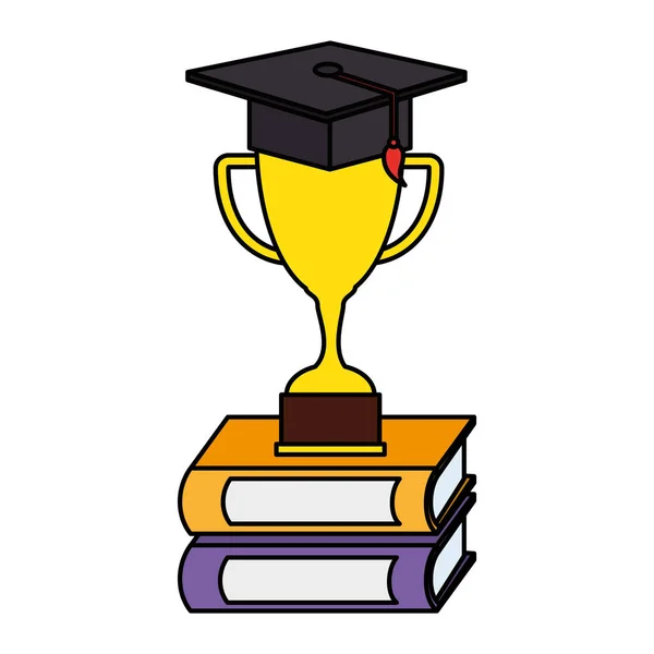 Livres avec coupe trophée et chapeau de graduation — Image vectorielle