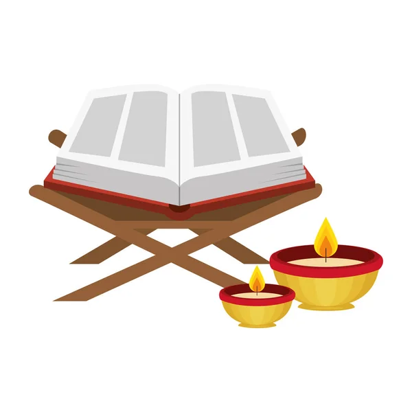 Libro sagrado con velas icono religioso — Vector de stock