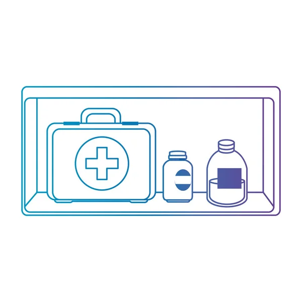 Shelf with medical kit and bottles drugs — Stock Vector