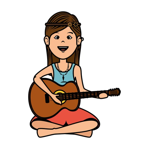 Hippi nő gitározni karakter — Stock Vector
