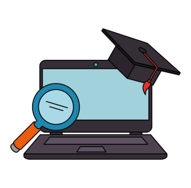 büyüteç ve şapka mezuniyet ile dizüstü bilgisayar