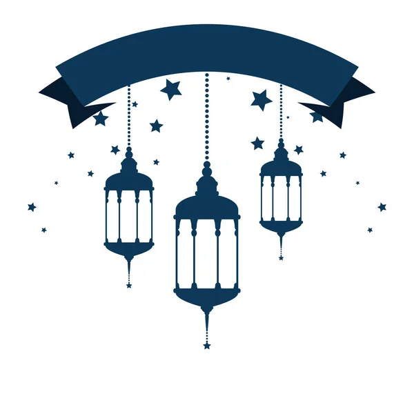 Lampade appese e decorazione del nastro celebrazione ramadan kareem — Vettoriale Stock