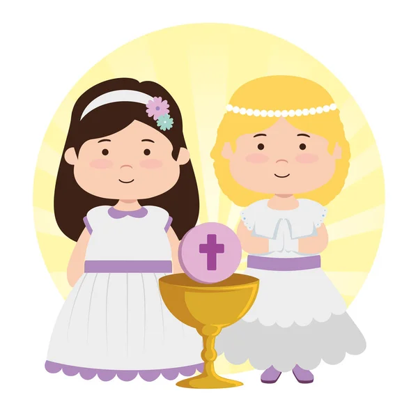 Girsl avec robe et calice à la première communion — Image vectorielle