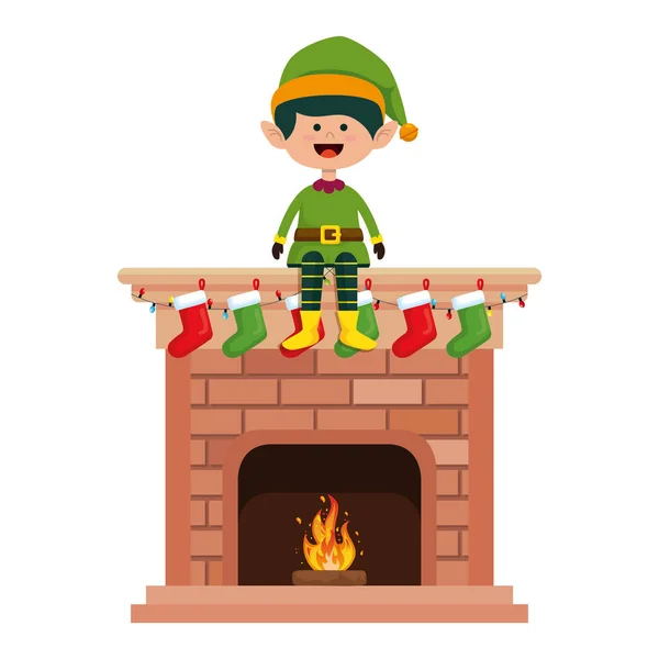 Chimenea con carácter de Navidad elfo — Vector de stock