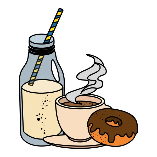 Taza de café y botella de leche con rosquillas dulces — Vector de stock