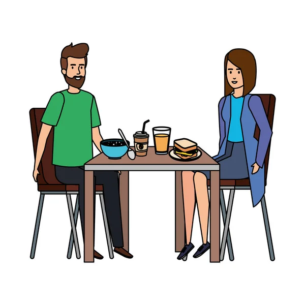 Pareja joven comiendo en personajes de mesa — Vector de stock