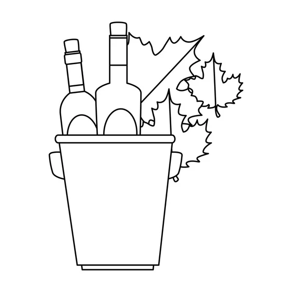 Bouteilles de vin dans un seau avec des feuilles — Image vectorielle