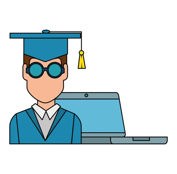 Graduação estudante com laptop — Vetor de Stock