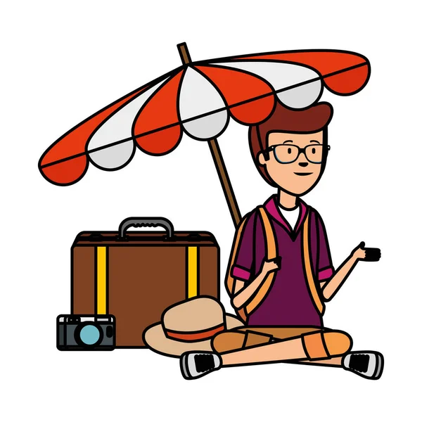 Turista con maleta y paraguas — Vector de stock