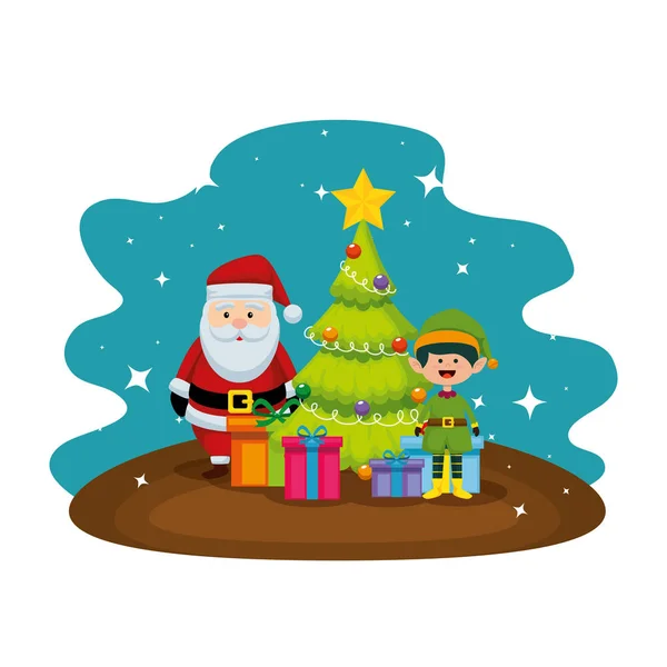 Χριστούγεννα Άγιος Βασίλης με δέντρο και ξωτικό — Διανυσματικό Αρχείο