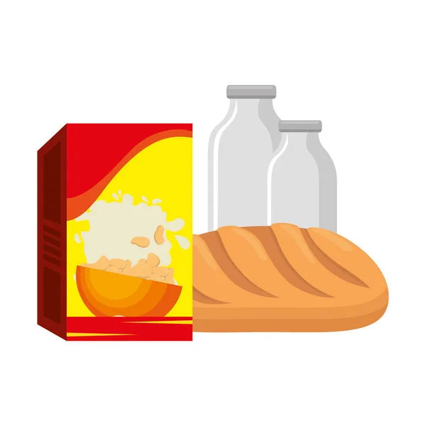 Caixa de cereais com pão e garrafa de leite — Vetor de Stock