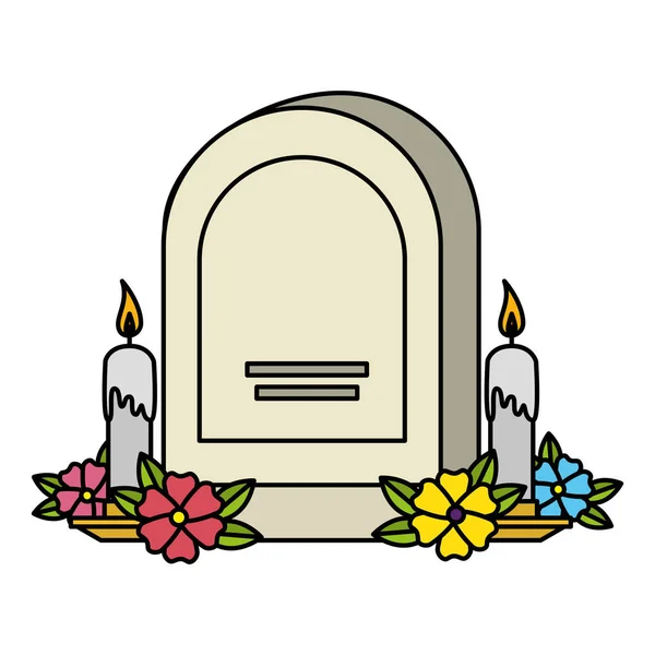 Pietra tombale con fiori e candele — Vettoriale Stock