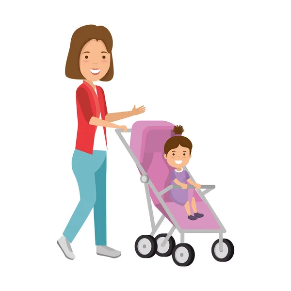 Mother with little girl baby in cart — Stock Vector