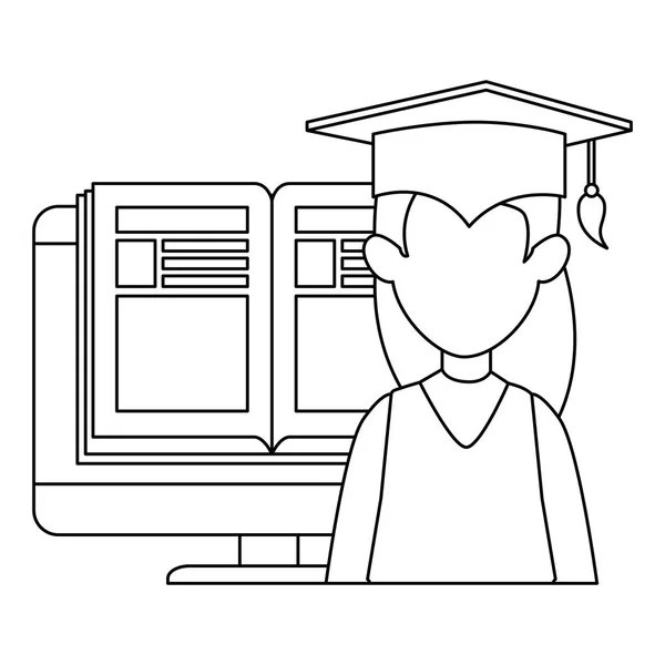 Femme étudiante diplômée avec ordinateur et livre — Image vectorielle