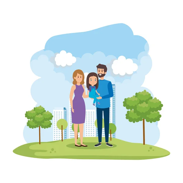 Couple de parents avec la fille dans la scène du parc — Image vectorielle