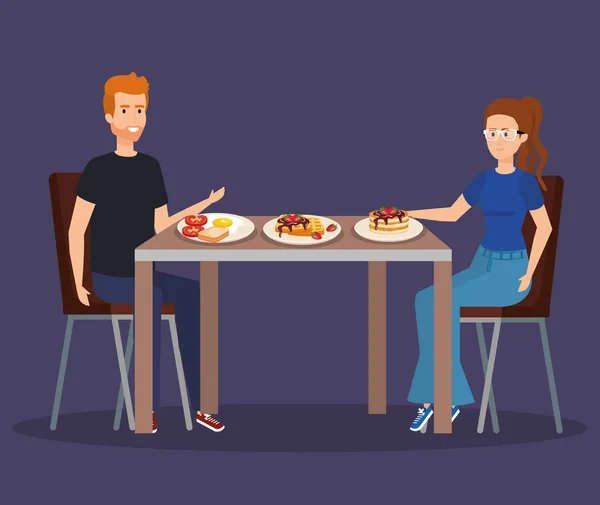 Man och kvinna äter pannkakor och stekt ägg — Stock vektor