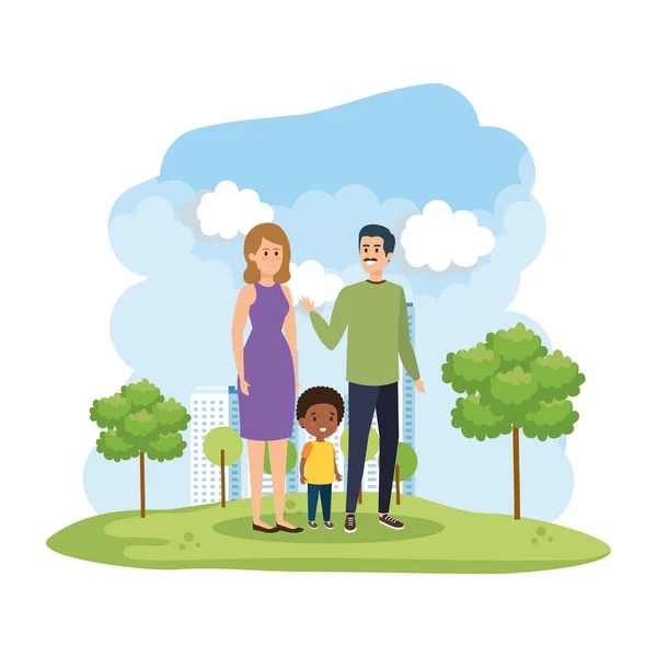 Interracial parents couple avec fils dans le parc scène — Image vectorielle