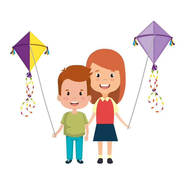 Kids couple with kite flying — Stock Vector
