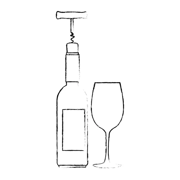 Silhouette bouteille de vin avec tire-bouchon et tasse — Image vectorielle