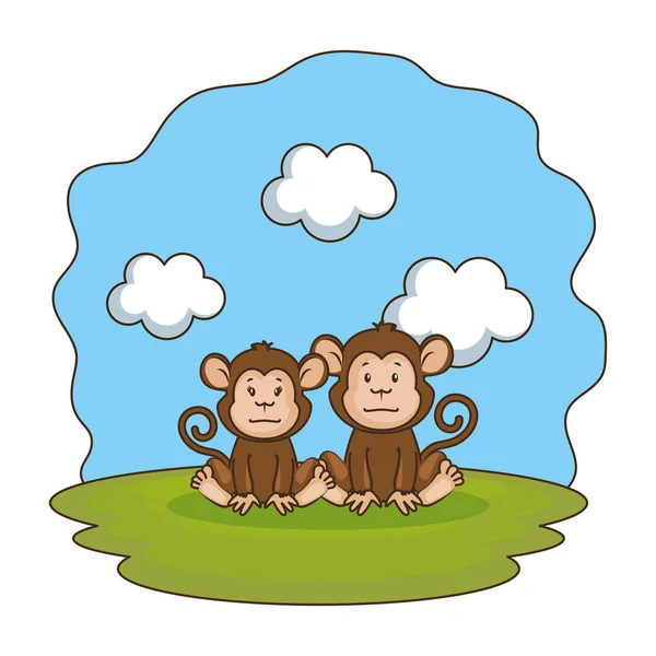 Cute monkeys couple in the camp — Stock Vector