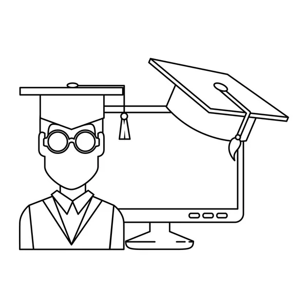 Graduação estudante com computador e chapéu —  Vetores de Stock