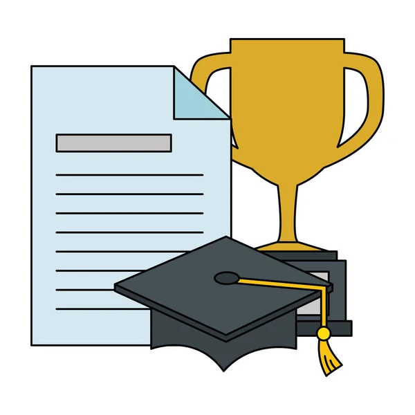 Coupe trophée avec chapeau de graduation et document — Image vectorielle