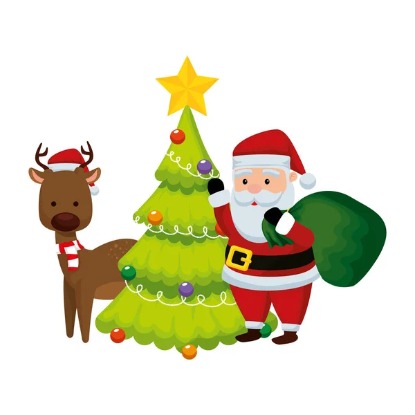 Navidad santa claus con reno y pino — Vector de stock