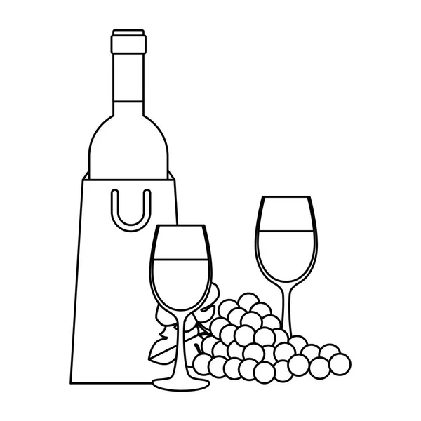 Botella de vino con taza y uvas — Vector de stock