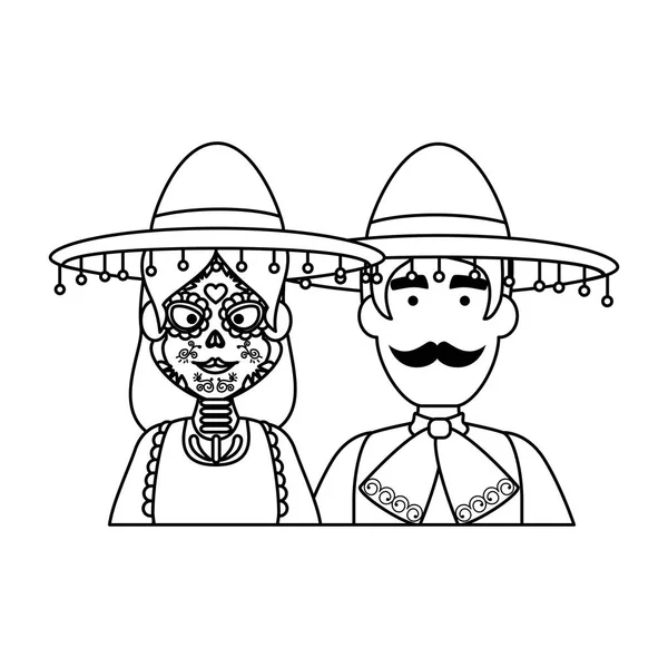 Couple avec des personnages de costumes mexicains — Image vectorielle