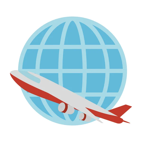 Airplane flying with sphere planet — Stock Vector