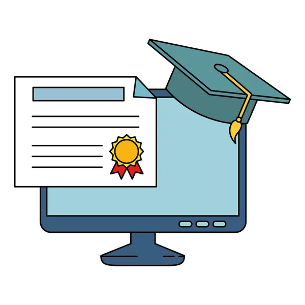 Escritorio con sombrero y diploma de graduación — Vector de stock