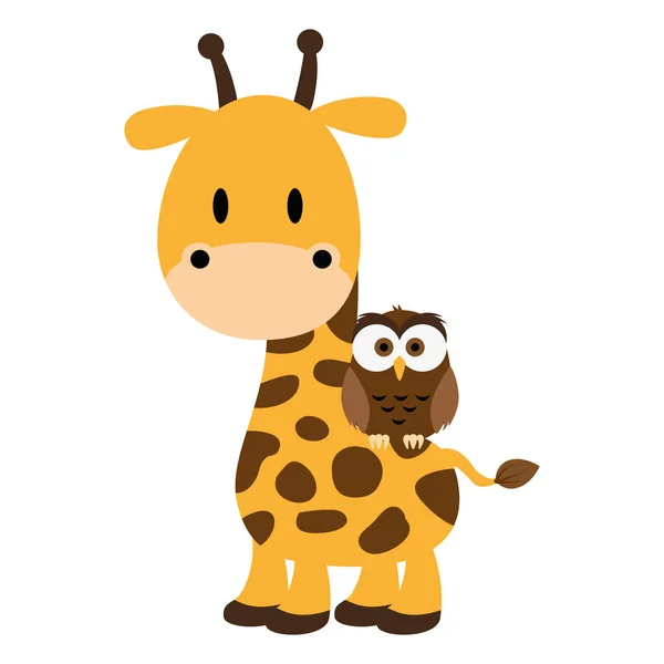 Linda y adorable jirafa con personajes de búho — Archivo Imágenes Vectoriales