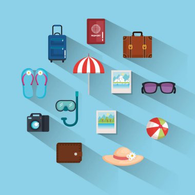 tatil seyahat seti ekipman mavi arka plan üzerinde macera için hazır