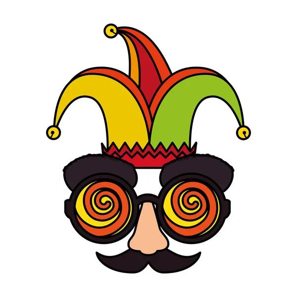 Tontos día máscara gafas y bigote con joker sombrero — Vector de stock