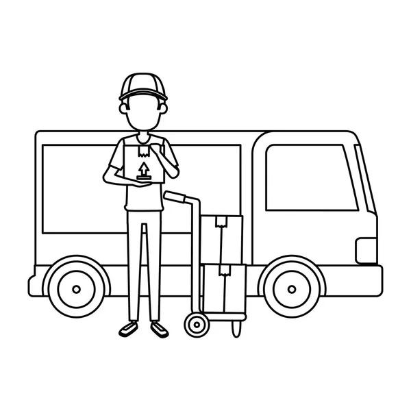 Bezorger met kar en vrachtwagen — Stockvector