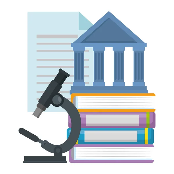 Stos książek tekst z mikroskopem i budynek biblioteki — Wektor stockowy