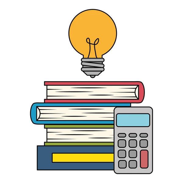 Pilha de livros de texto com lâmpada e calculadora — Vetor de Stock