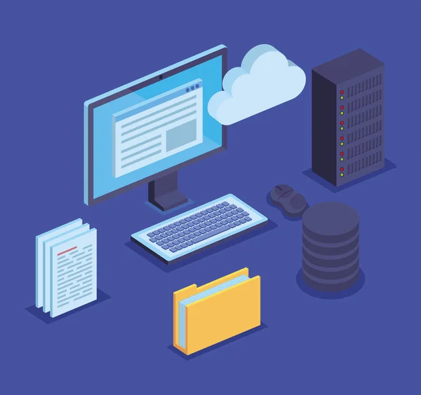 Tecnologia informatica con documenti e server di archiviazione dati — Vettoriale Stock