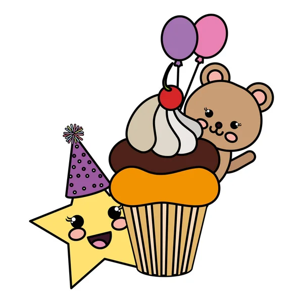 Ursinho bonito ursinho com cupcake e estrela kawaii personagens —  Vetores de Stock