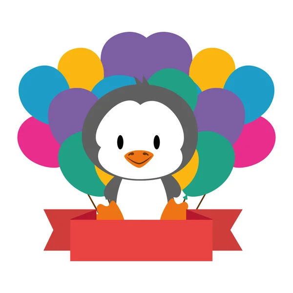 Lindo y adorable pingüino con globos helio — Vector de stock