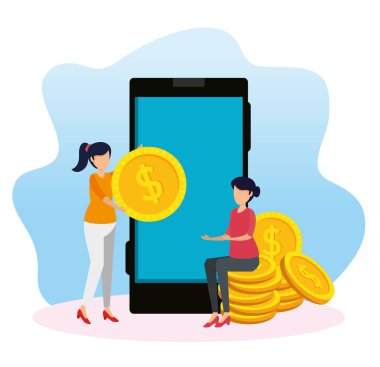 women with coins and smartphone technology of digital bank