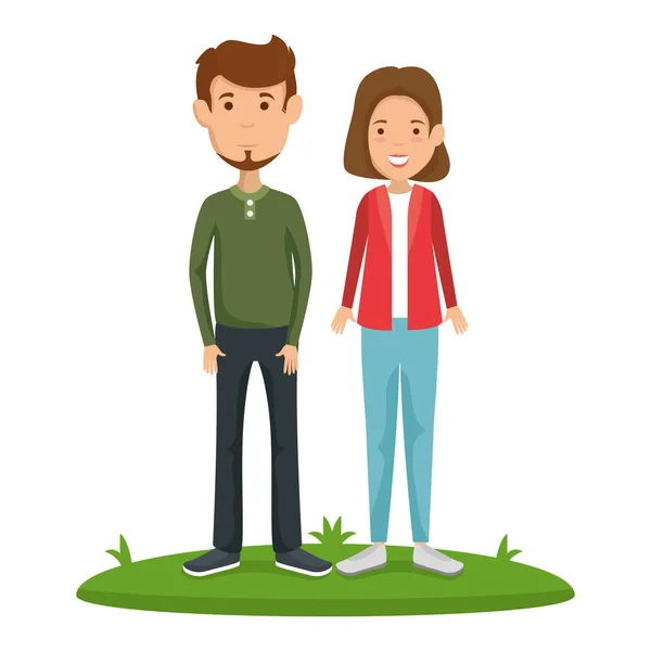 Jeune couple dans l'herbe avatars personnages — Image vectorielle
