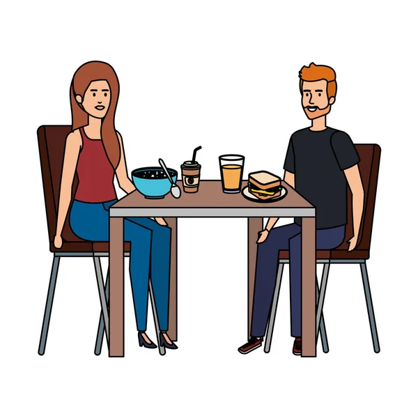 Jeune couple manger dans des personnages de table — Image vectorielle