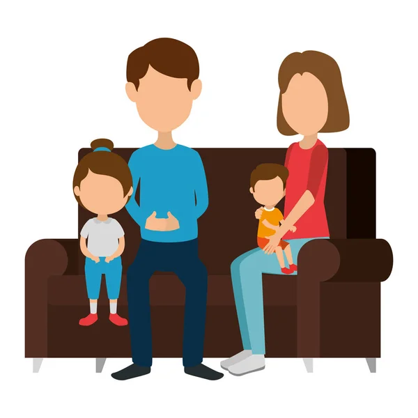 Rodzice para z córką i synem w kanapie — Wektor stockowy